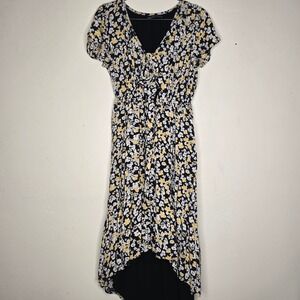 Abercrombie & Fitch Floral High-Low Midi Dress XL Black Yellow V-Neck 159D1112